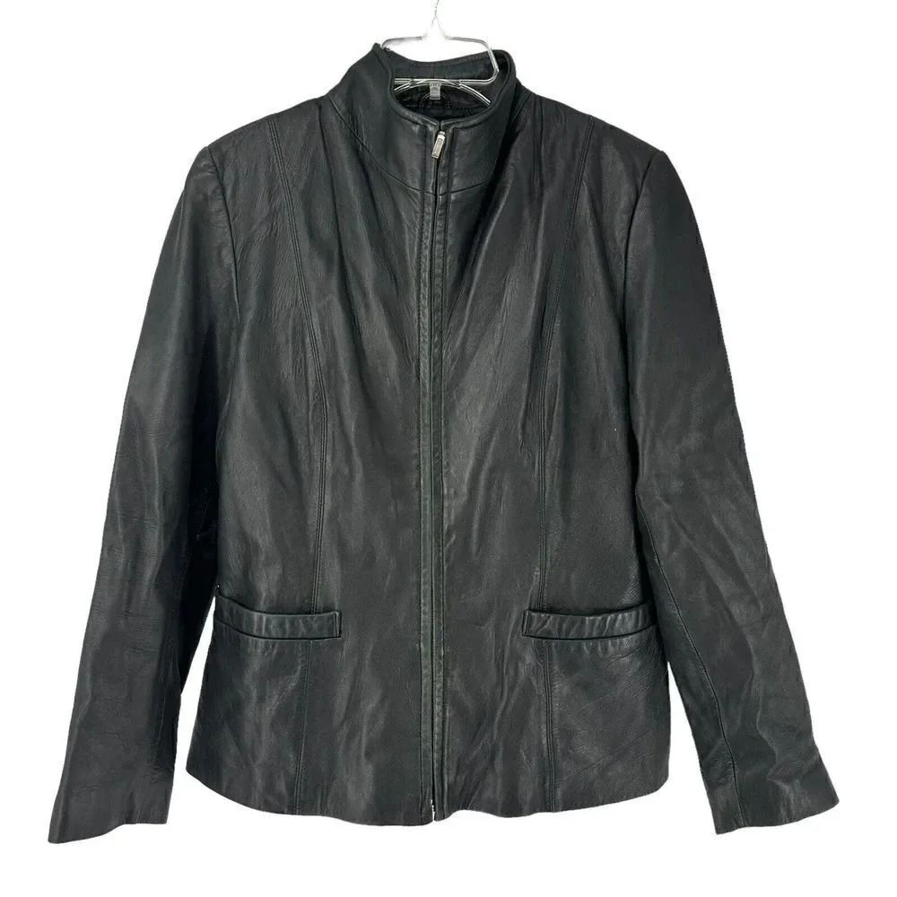 JLC New York Genuine Soft Leather Jacket Solid Black Womens Size M Full Zip Moto